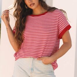Pink Stripe Knitted Round Neck T Shirt