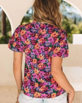 Multicolor Floral Print Round Neck Puff Sleeve Blouse