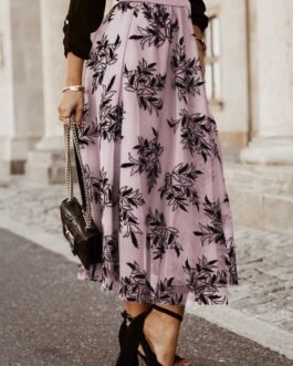 Peach Blossom Floral Leaves Embroidered High Waist Maxi Skirt