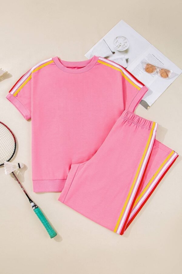 Bonbon Color Contrast Crewneck T Shirt and Wide Leg High Waist Pants Set - Image 4