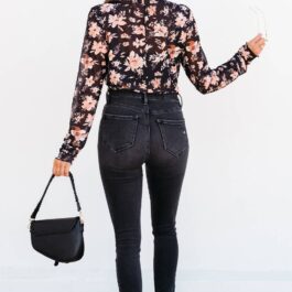 Black Floral Mesh Mock Neck Long Sleeve Slim Fit Top