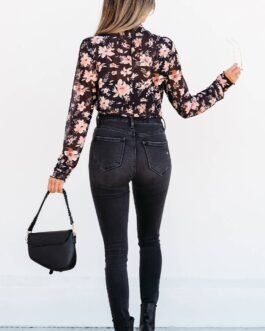 Black Floral Mesh Mock Neck Long Sleeve Slim Fit Top
