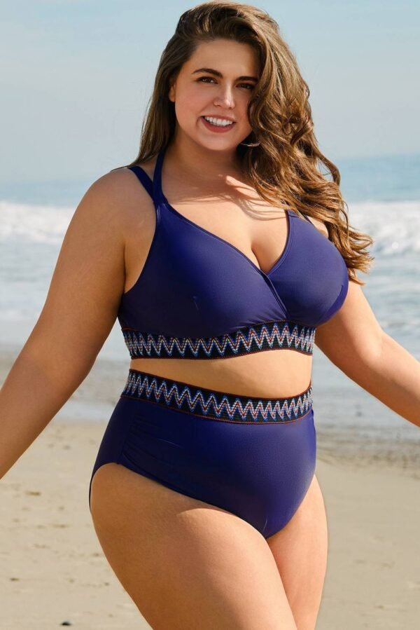 Navy Blue Embroidered Trim Wrap Tie Knot Plus Size High Waisted Bikini - Image 4