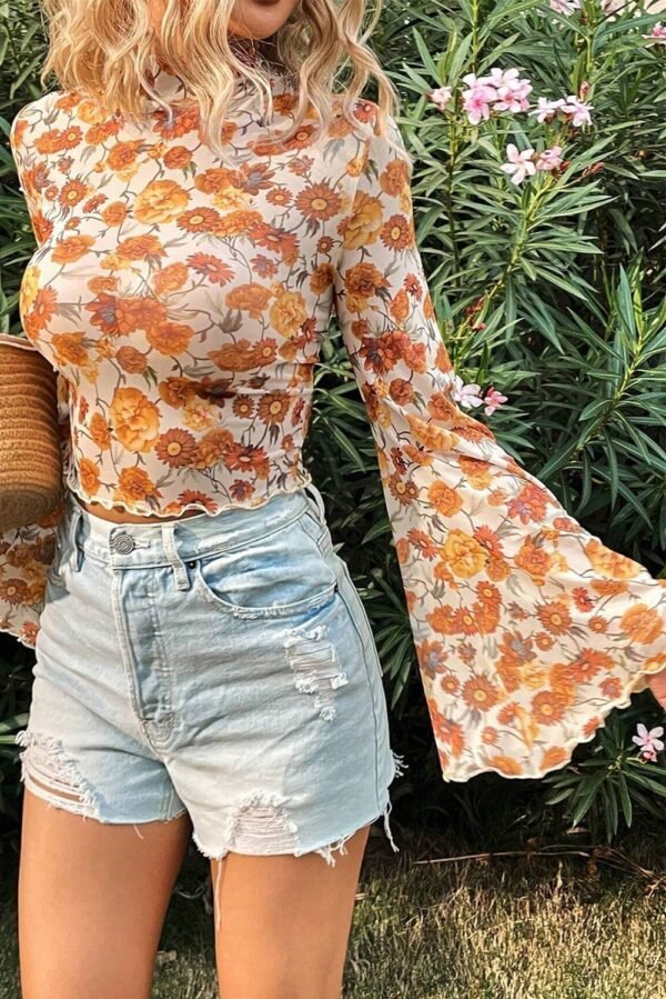 Orange Floral Printed Bell Sleeve Mock Neck Scallop Trim Blouse - Image 6