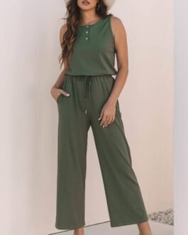 Vineyard Green Buttoned Drawstring Waist Sleeveless Wide Leg Jumpsuit