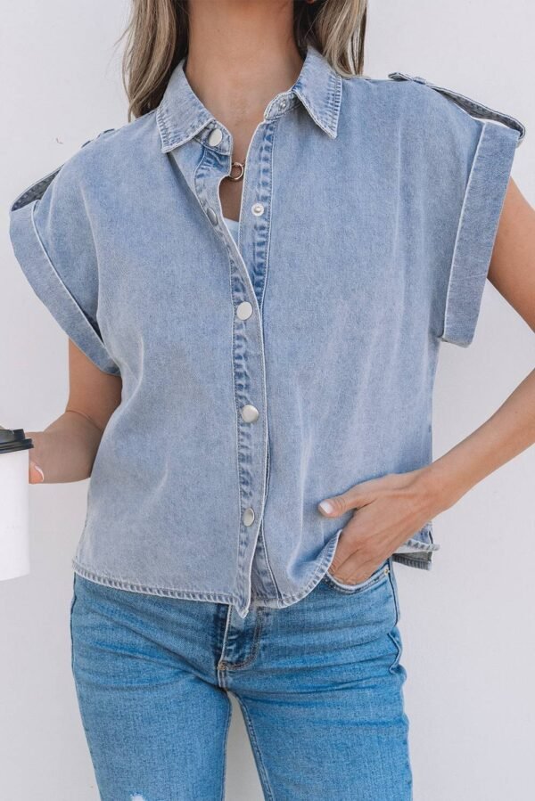Dusk Blue Denim Pinup Folded Cap Sleeve Shirt - Image 7