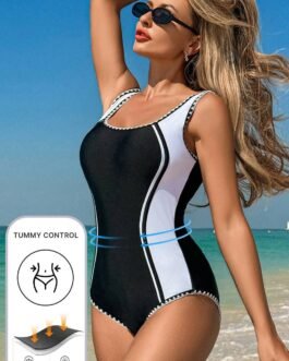 Black Color Block Ric Rac Trim U Neck One Piece Swimsuit