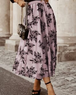 Peach Blossom Floral Leaves Embroidered High Waist Maxi Skirt