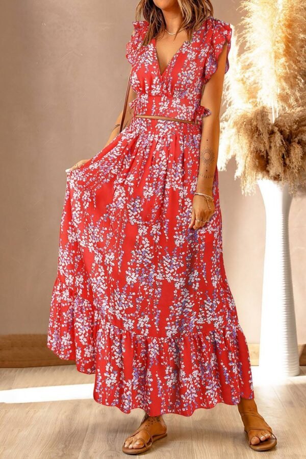 Black Multicolor Floral Ruffled Crop Top and Maxi Skirt Set - Image 4