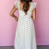 White Polka Dot Flutter Sleeve Square Neck Smocked Maxi Dress