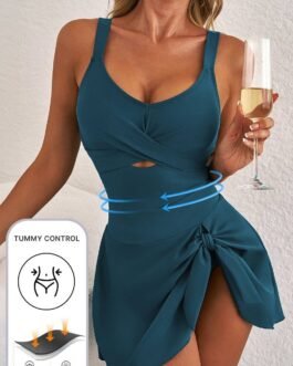 Sea Green Adjustable Straps Cutout Ruched Knot Slit One Piece Swim Dress