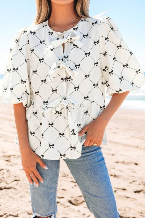 White Bowknot Print Front Knots Bubble Sleeve Blouse - Image 7