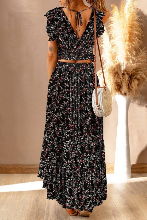 Black Multicolor Floral Ruffled Crop Top and Maxi Skirt Set - Image 2