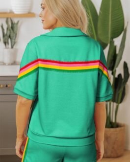 Sea Green Rainbow Colorblock Collared Short Sleeve Top 2 Piece Shorts Set