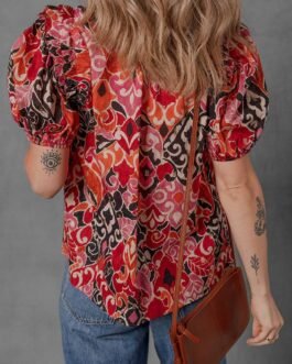 Red Ethnic Print Split Neck Short Puff Sleeve Blouse