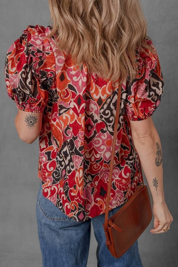 Red Ethnic Print Split Neck Short Puff Sleeve Blouse - Image 2