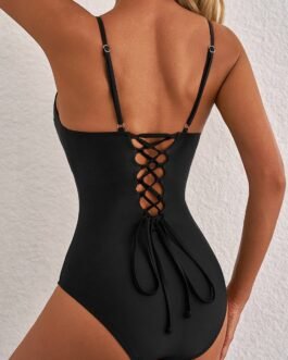 Black Thin Strap Strappy Lace-up Open Back One Piece Swimsuit