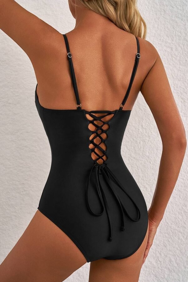 Black Thin Strap Strappy Lace-up Open Back One Piece Swimsuit - Image 2