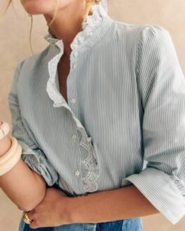 Sky Blue Stripe Frilled Trim Button Up Long Sleeve Shirt