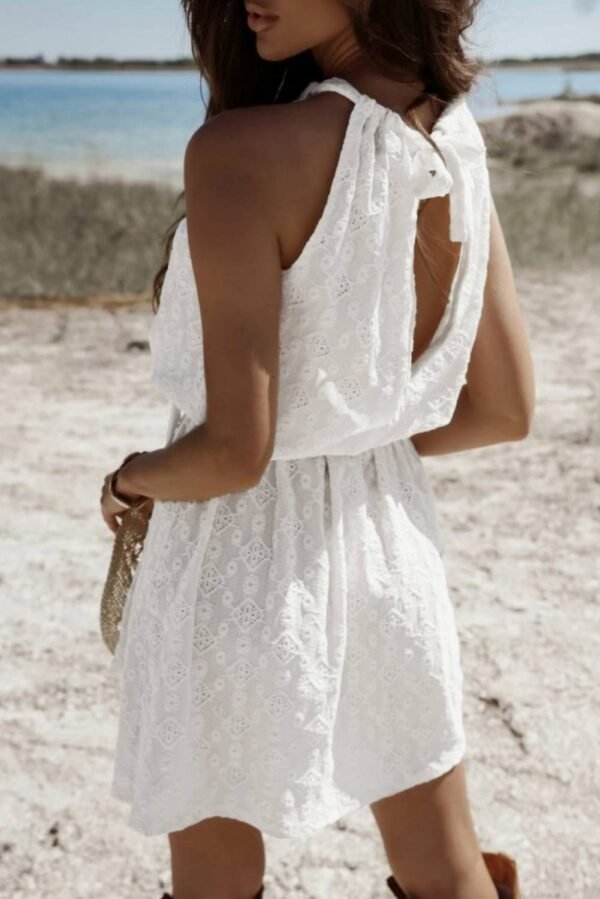 White Lace Sleeveless Knot Hollow Out Back Tied Waist Mini Dress - Image 8