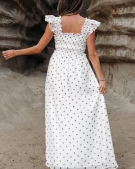 White Polka Dot Flutter Sleeve Square Neck Smocked Maxi Dress