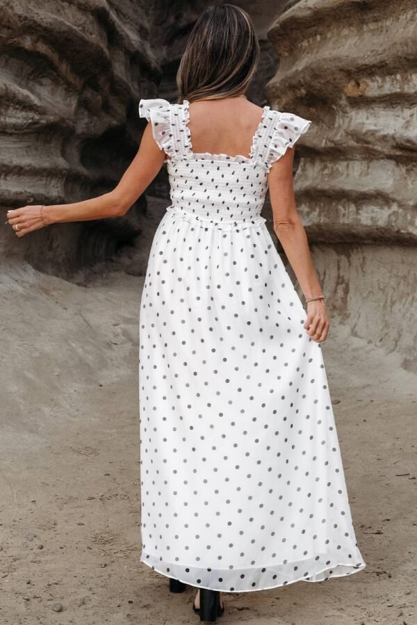 White Polka Dot Flutter Sleeve Square Neck Smocked Maxi Dress - Image 2