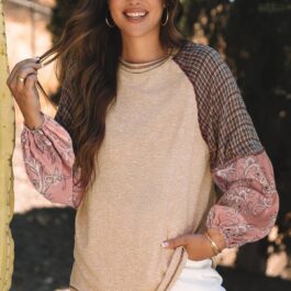 Jet Stream Mixed Print Raglan Sleeve Ribbed Knit Patchwork Blouse