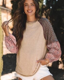 Jet Stream Mixed Print Raglan Sleeve Ribbed Knit Patchwork Blouse