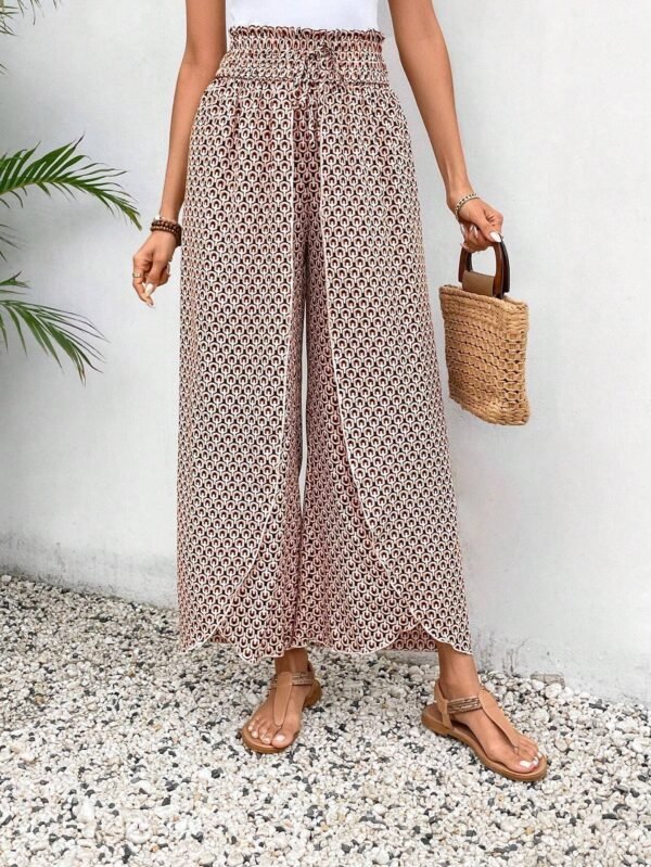 Red Bohemian Print Slit Wide Leg Smocked High Waist Pants - Image 3