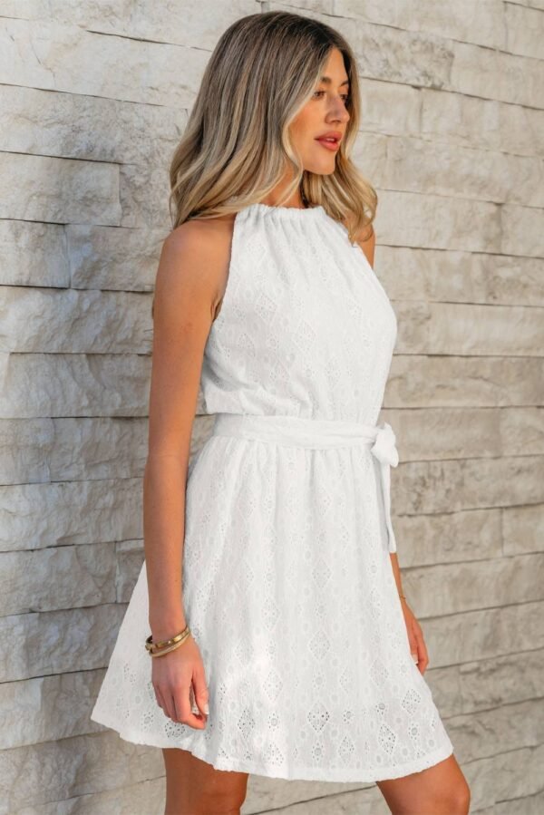 White Lace Sleeveless Knot Hollow Out Back Tied Waist Mini Dress - Image 3