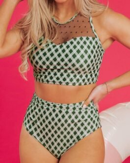 Green Dotted Mesh Plaid Patchwork High Waisted Bikini