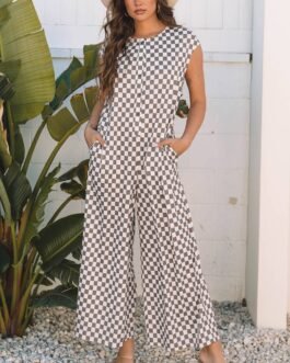 Khaki Checkered Print Buttoned Crew Neck Wide Leg Jumpsuit