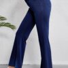 Dusk Blue Solid Crossed Waist High Elastic Fit Flare Knit Jeans
