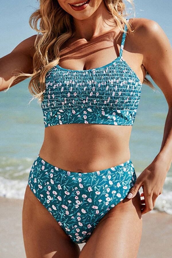 Blue Floral Print Smocked Cute Bikini Set - Image 7