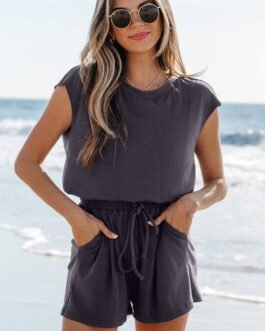 Bristol Black Knit Open Back Cap Sleeve Drawstring Romper