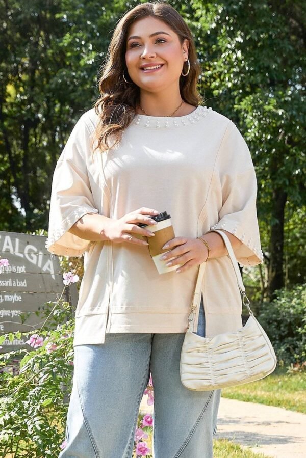 Beige Pearl Decor Crew Neck Half Sleeve Plus Size T Shirt - Image 5
