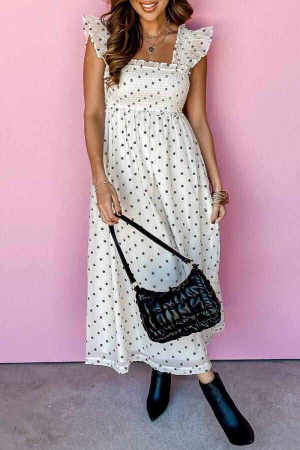 White Polka Dot Flutter Sleeve Square Neck Smocked Maxi Dress - Image 7