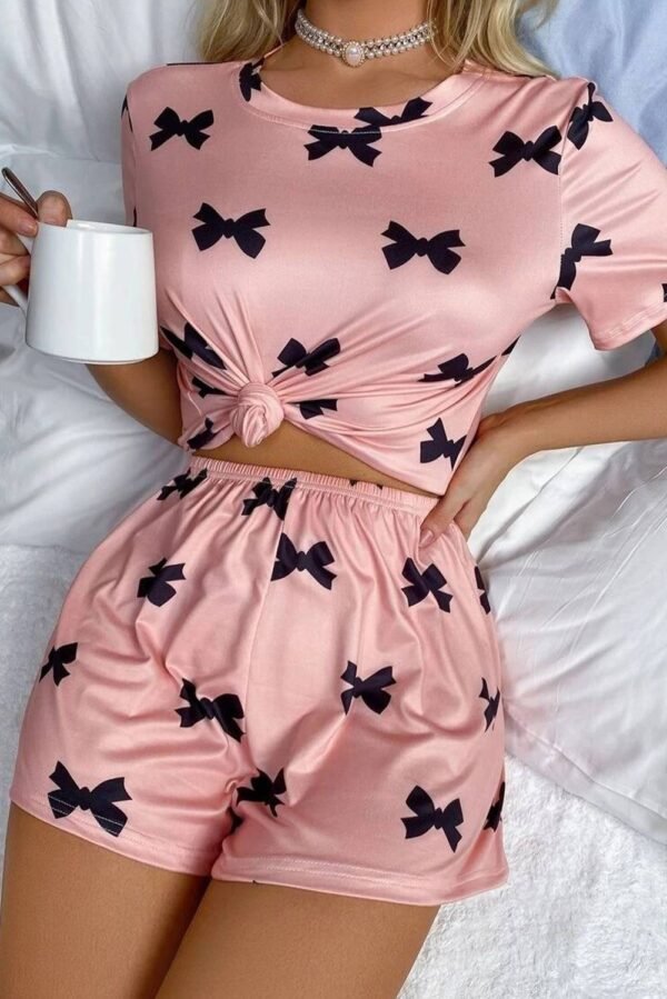 Pink Bow Printed Short 2pcs Lounge Set - Image 3