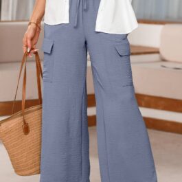 Dark Grey Drawstring Frilled Waist Wide Leg Utility Trousers