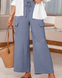 Dark Grey Drawstring Frilled Waist Wide Leg Utility Trousers