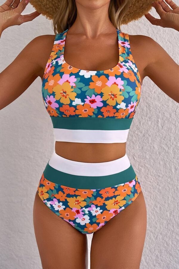 Green Floral Print Racerback Cutout High Waist 2pcs Bikini - Image 4