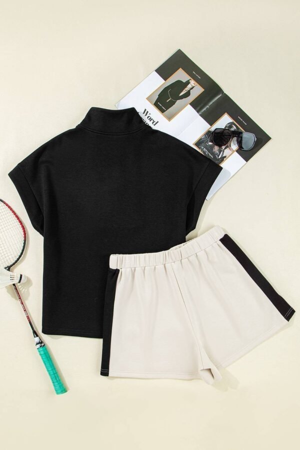 Black Contrast Zipped Stand Collared T Shirt and Short Set - Image 5