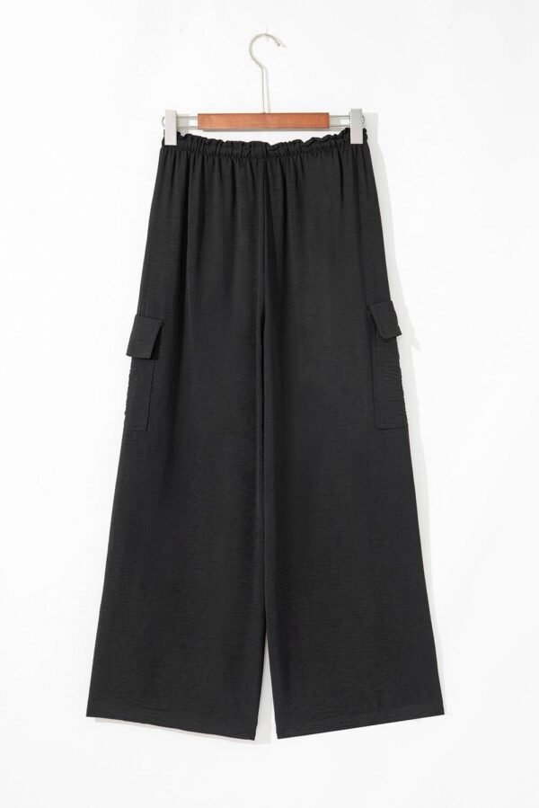 Black Drawstring Frilled Waist Wide Leg Utility Trousers - Image 10