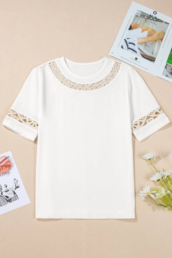 White Lace Crochet Crew Neck Casual T Shirt - Image 8