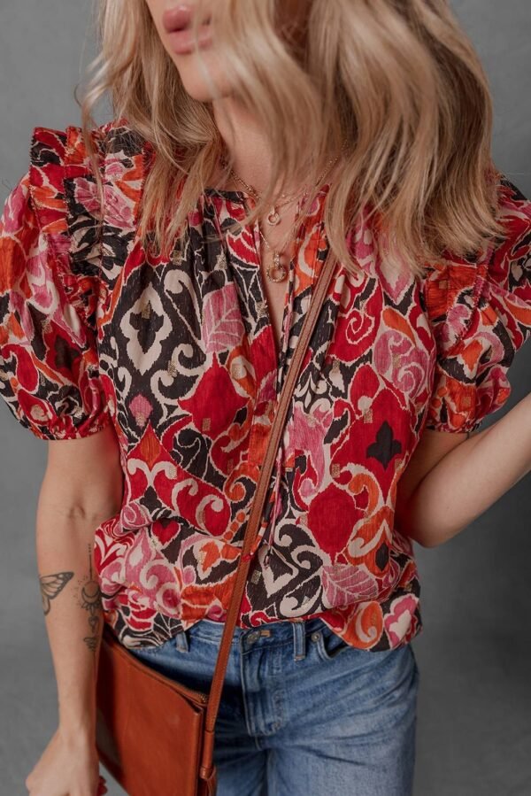 Red Ethnic Print Split Neck Short Puff Sleeve Blouse - Image 3
