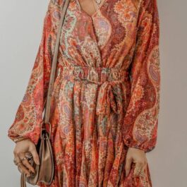 Orange Boho Paisley Print Long Sleeve Pleated Belted Mini Dress