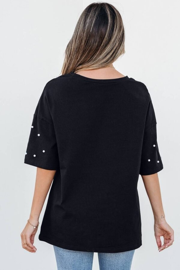 Black Pearl Beaded Drop Shoulder Crewneck T Shirt - Image 2