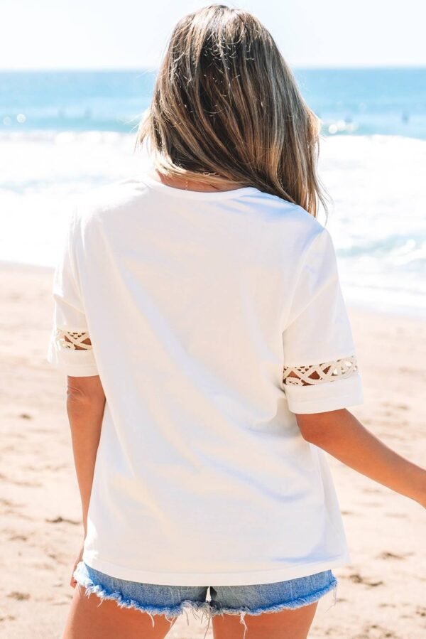 White Lace Crochet Crew Neck Casual T Shirt - Image 2