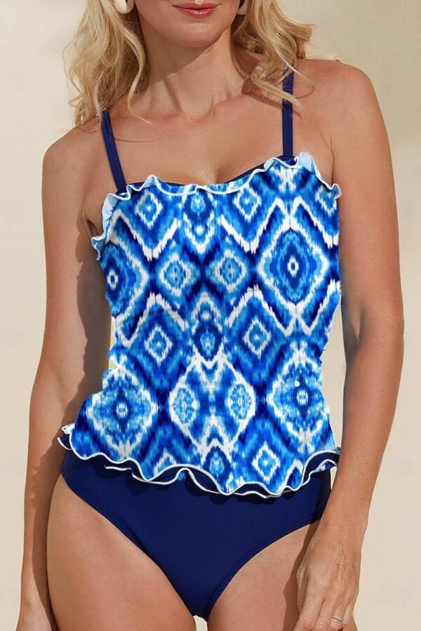 Navy Blue Abstract Print Frilled Trim Spaghetti Straps Tankini Set - Image 7