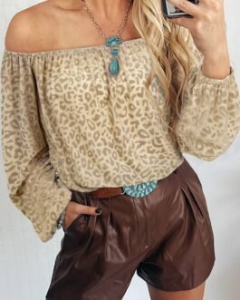 Beige Leopard Velvet Burnout Off Shoulder Long Sleeve Blouse